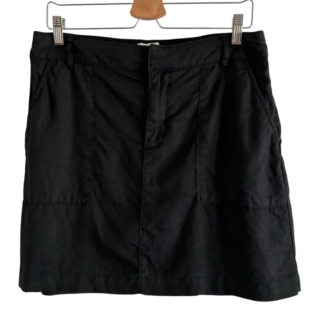 Nicole Miller Black 100% Linen Mini Skirt Patch Pockets Elastic Waist XS Summer